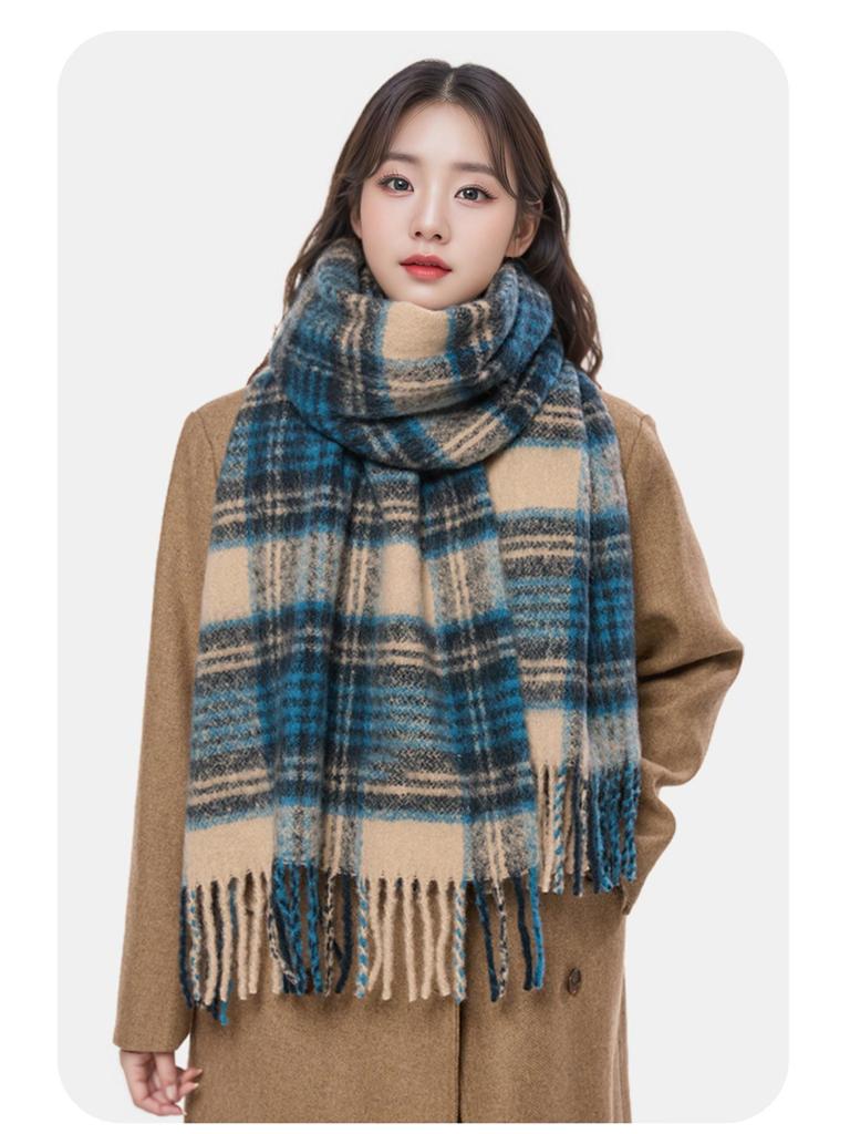 2025 Retro Korean Style Women's Warm Plaid Scarf & Shawl in Brown