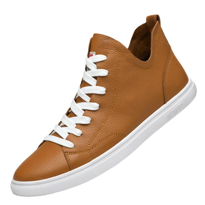 Men's Korean Style Velvet-Lined Mid-Top Leather Sneakers - Trendy Casual Cowhide Patchwork, Large Sizes Available.