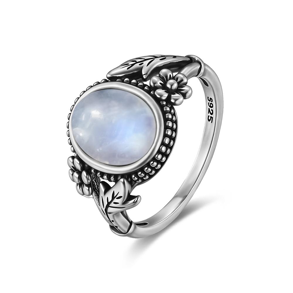Vintage 925 Sterling Silver Natural Moonstone Rings Bohemia Oval Shape Retro Ring Gifts Fine Jewelry for Women Men