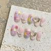 10Pcs Short Handmade Pink Press On Nails Spring French Rhinestone Full Cover Fake Nail Plaid Manicure Wearable Nail Tips Art