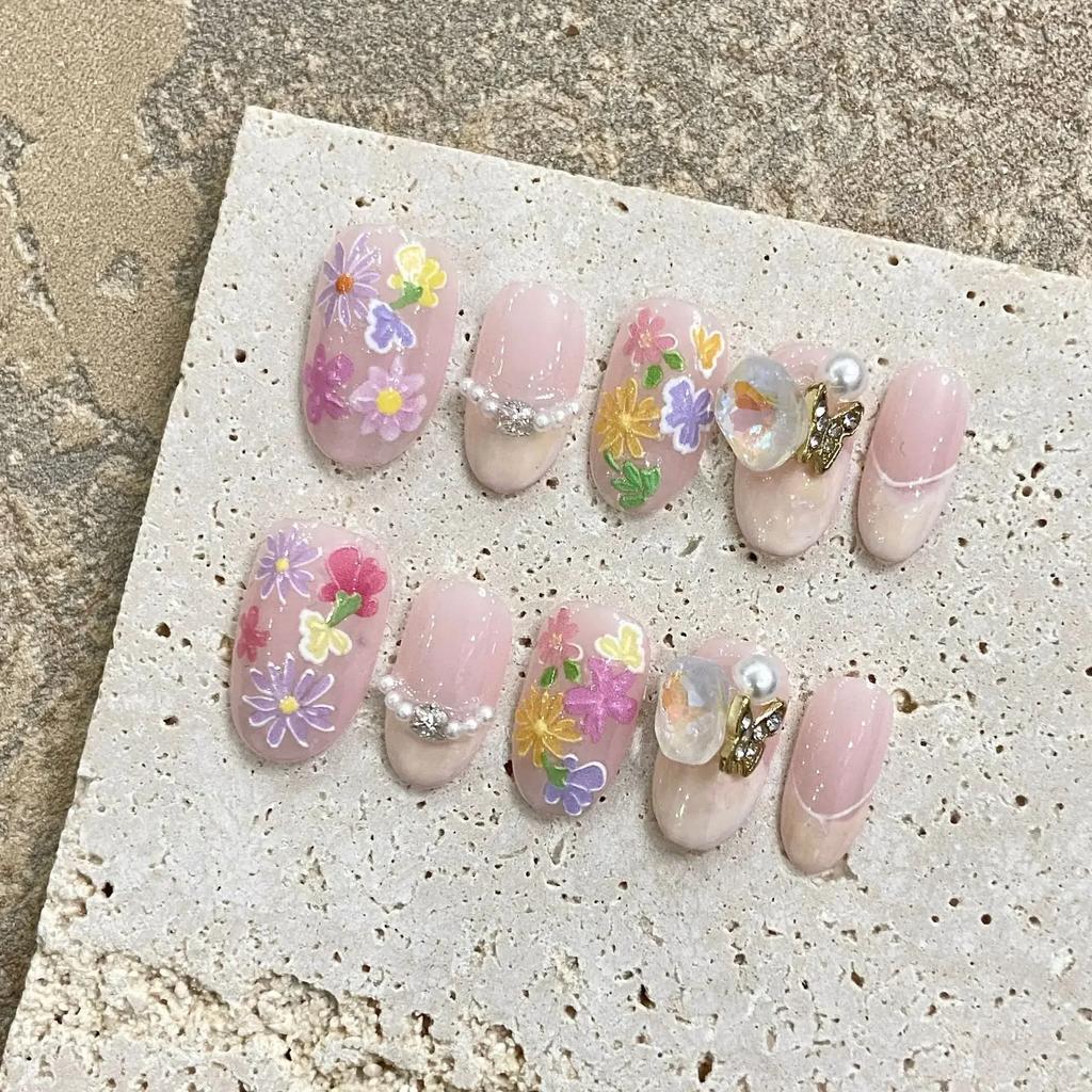 10Pcs Short Handmade Pink Press On Nails Spring French Rhinestone Full Cover Fake Nail Plaid Manicure Wearable Nail Tips Art