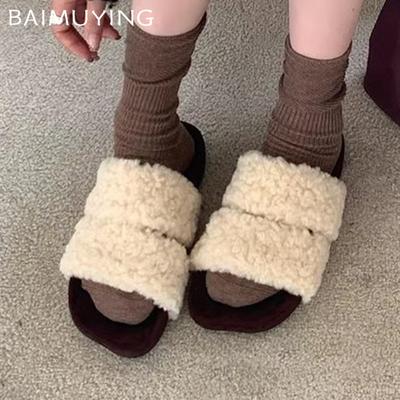 Fur Flats Women Slippers Designer Square Toe Short Plush Casual Shoes 2025 Trend Walking Cozy Home Winter New Mujer Zapatillas