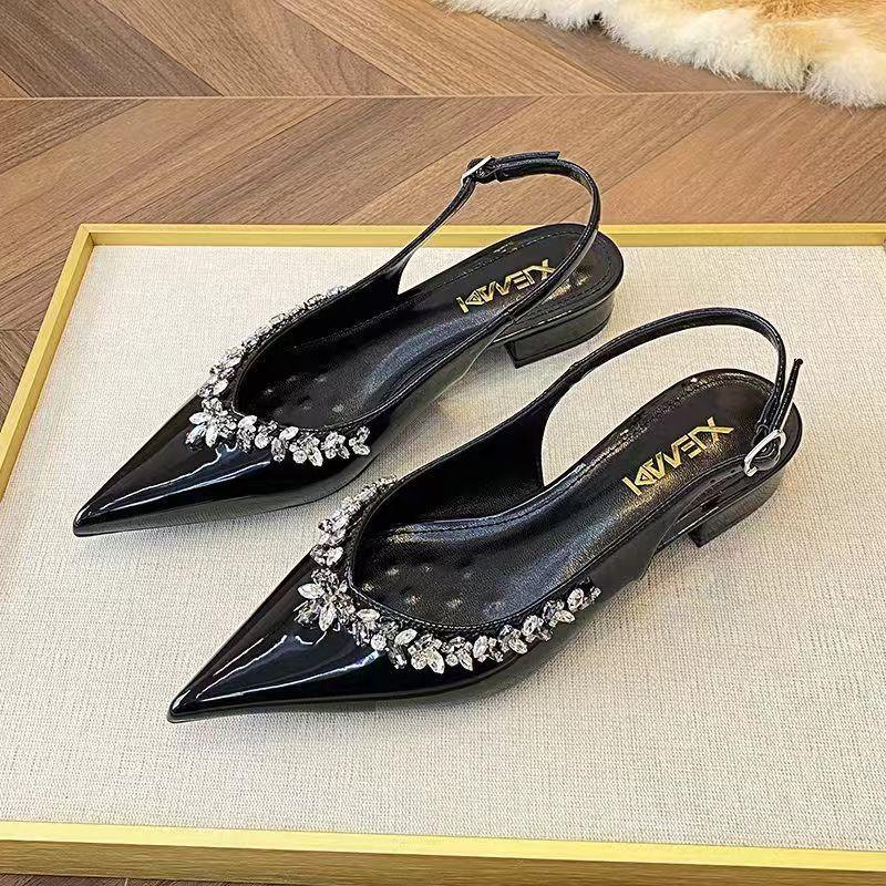 

Crystal Sexy Pointed Toe Mid Heels Sandals Women Shoes Slingback Summer 2o25 Trend Dress Leather Pumps Elegant Party Sandalias 40 чёрный