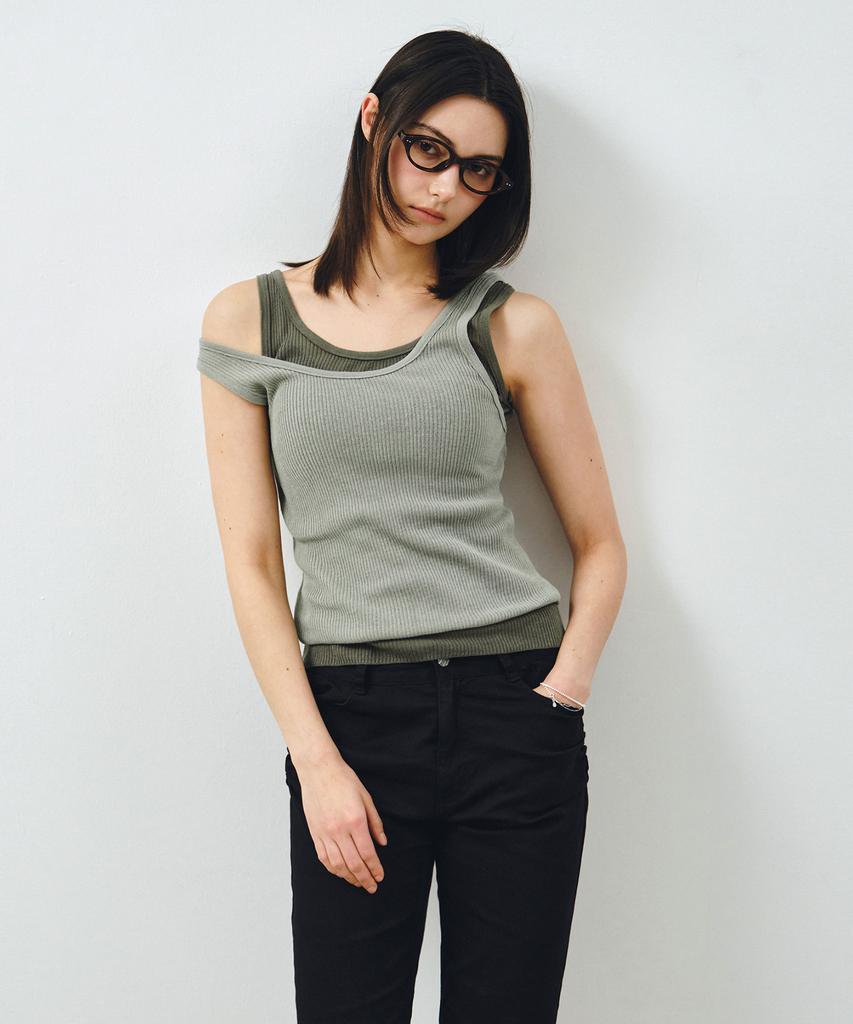 MONGDOL [Set] Layered Ribbed Knit Sleeveless Green Mdkt117Green