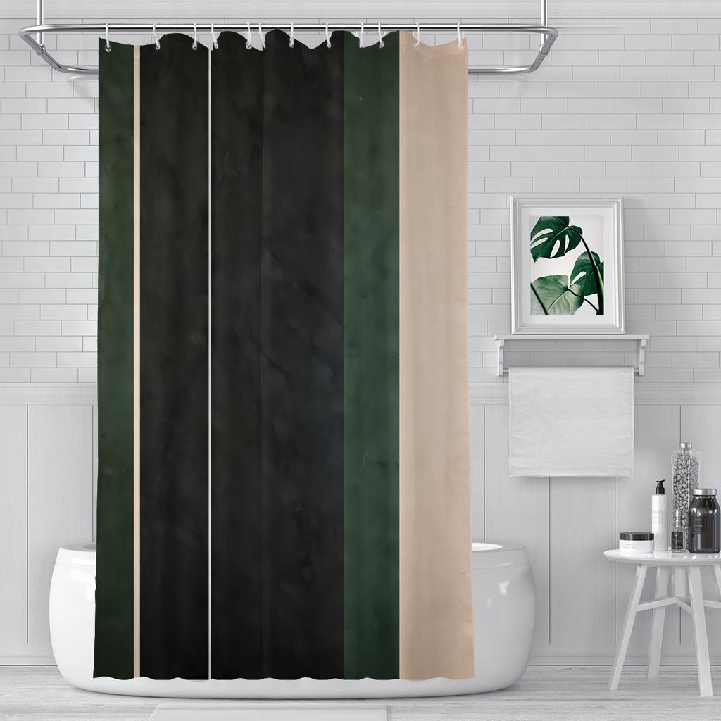 Modern Vertical Stripe Shower Curtain – Dark Green & Beige Panels, Minimalist Design, Polyester, Includes Hooks