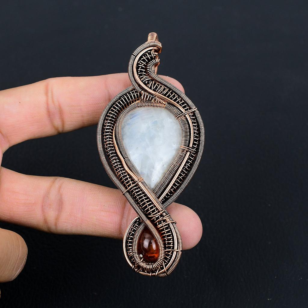 Rainbow Moonstone, Amber Handmade Copper Wire Wrap Pendant 3.74 S7a17