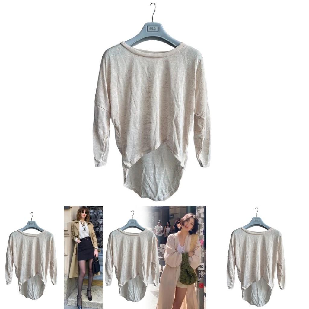 T-shirt Casual da Donna in Cotone a Maniche Lunghe con Vestibilità Larga e Orlo Curvo