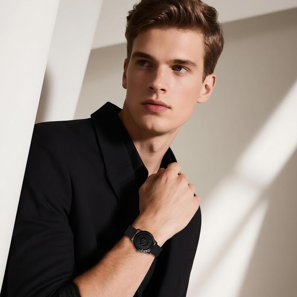 Men's Magnetic Levitation Silicone Watch, Black: Zodiac Markers, Waterproof Quartz Movement, Leisure, Business, Stylish Black Fashion Accessory -