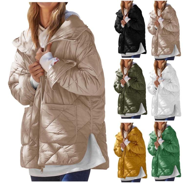 Dame Moteable Løs Hettejakke med Glidelås Langermet Ensfarget Bomullsjakke med Stor Lomme og Splitt
