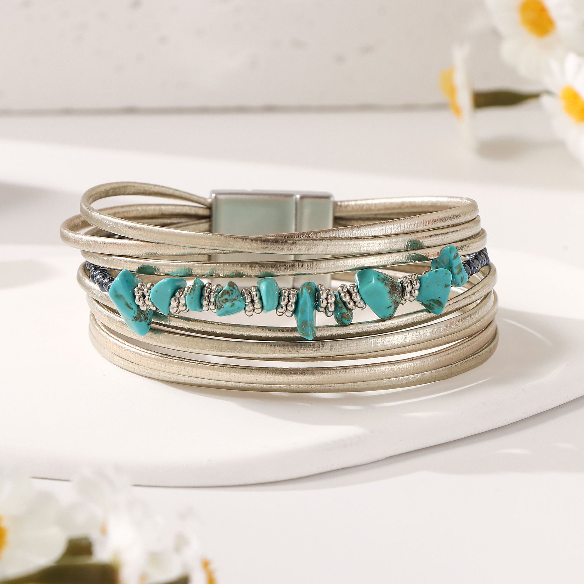 Женский богемный многослойный браслет из ПУ-кожи бирюзового цвета с оберткой