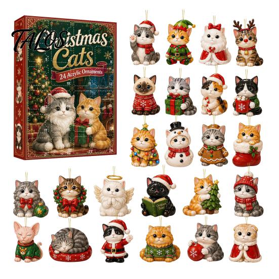 Animal Theme Party Favors Christmas Cat Dog Advent Calendar, 24Pcs Acrylic 2D Ornament Set Tree Ornaments with Cute Kitten/Dog/Lion Designs,