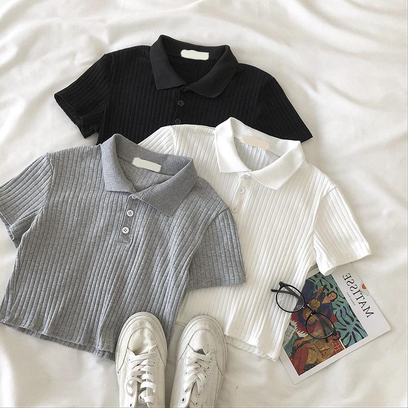 Women's Summer Ribbed Knit Polo Collar Slim Fit Top