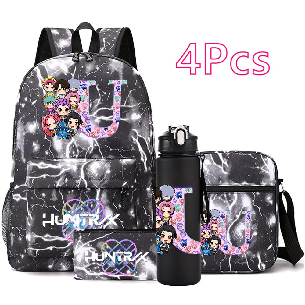 4Pcs/set 26 English Letter KPop Printed Backpack with 750Ml Water Bottler for Teenager Student Girl Boy Bookbag Kid Gift Large Capacity Travel Bag