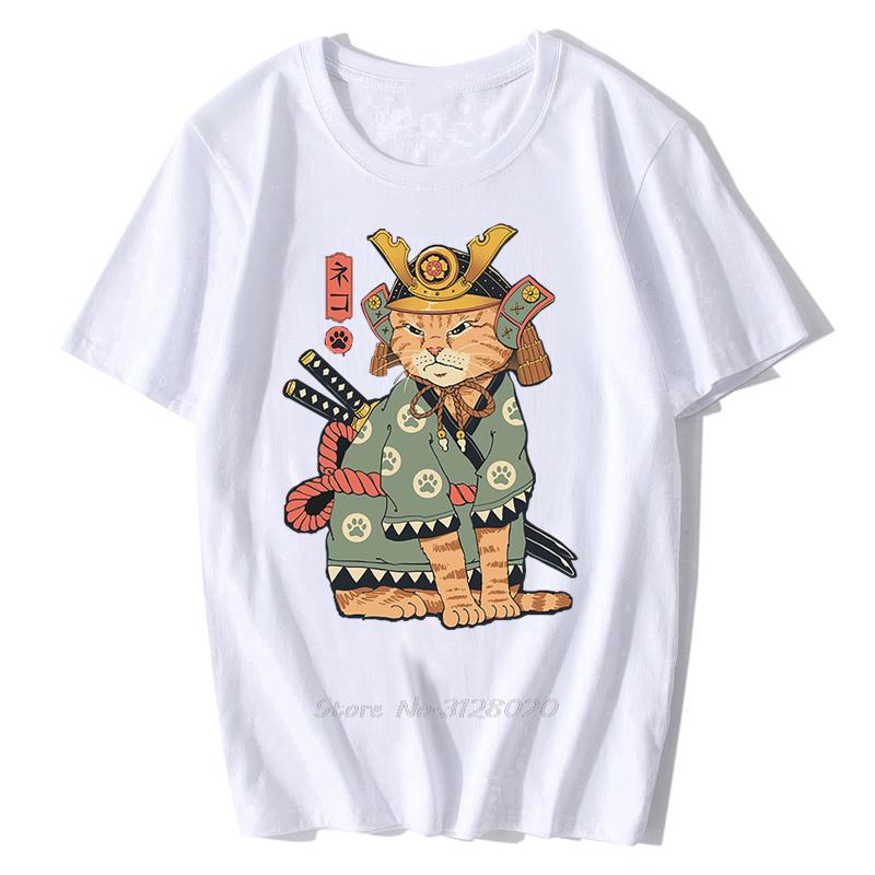 Anime Samurai Cat T Shirt Men Japanese Ukiyo-E Ninja Cat Print T-Shirt Mens Casual Tshirt Male Fashion Streetwear Harajuku Tees