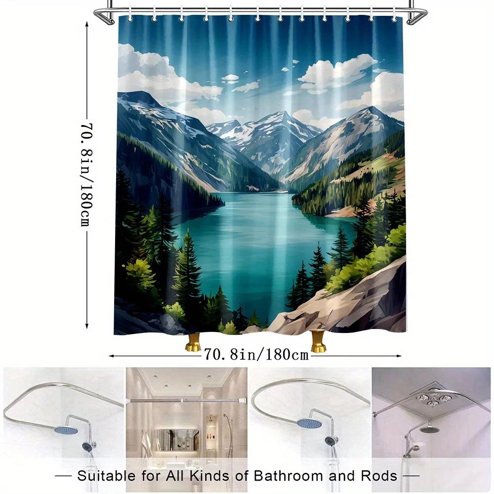 1pc Scenic Mountain Lake View Shower Curtain for Relaxing Ambiance with Bathroom Decor Polyester Fabric Includes 12 Hooks