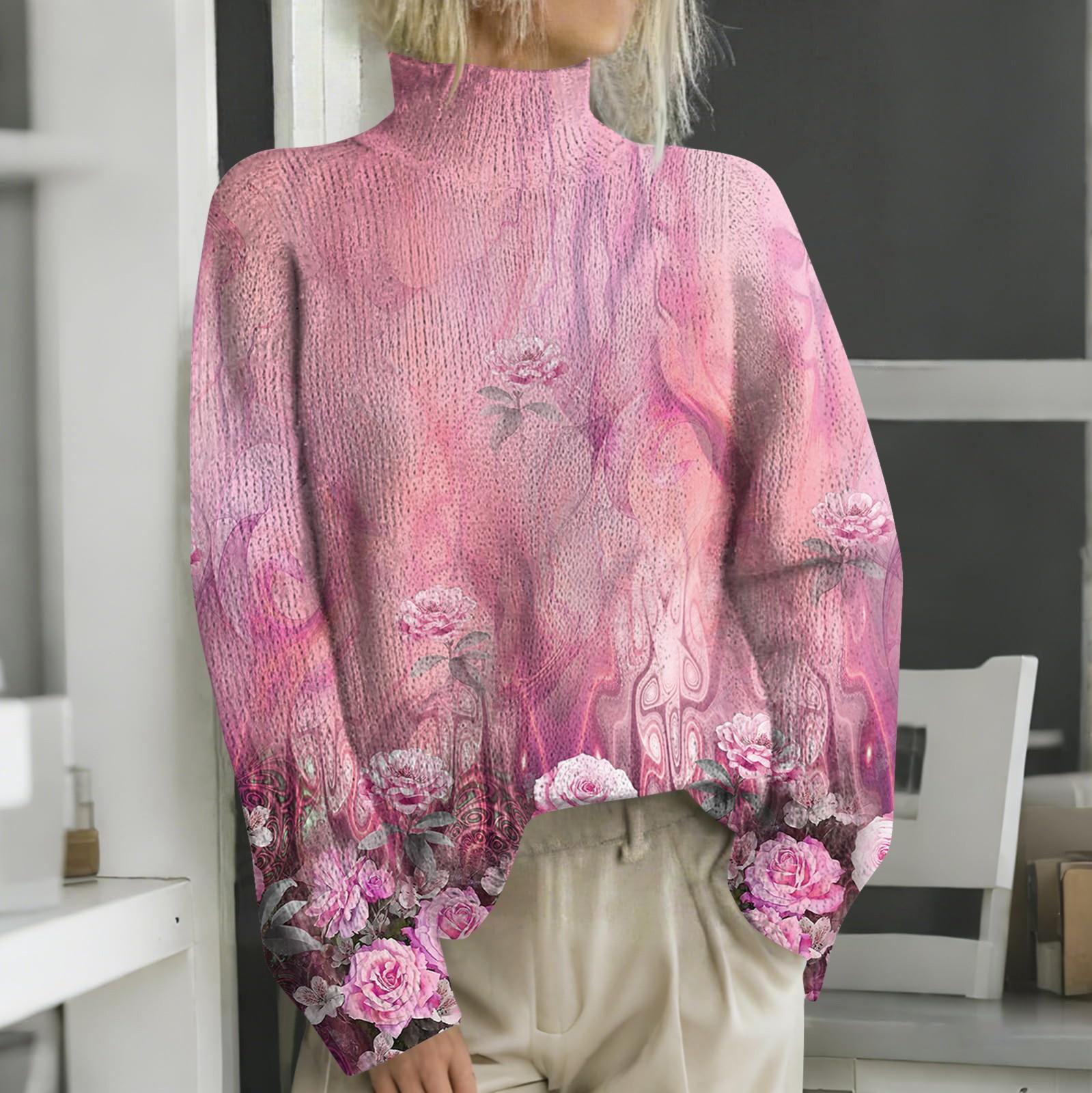 

Женская мода повседневная с длинным рукавом и принтом, с высоким воротом, шерстяной трикотаж XXXL горячий розовый