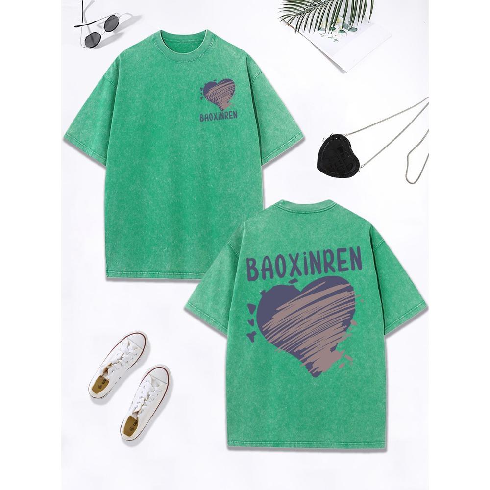 Personalized Graffiti Love Prints Washed T-Shirt Womens Cotton Oversized Tops Street Distressed O-Neck Clothes