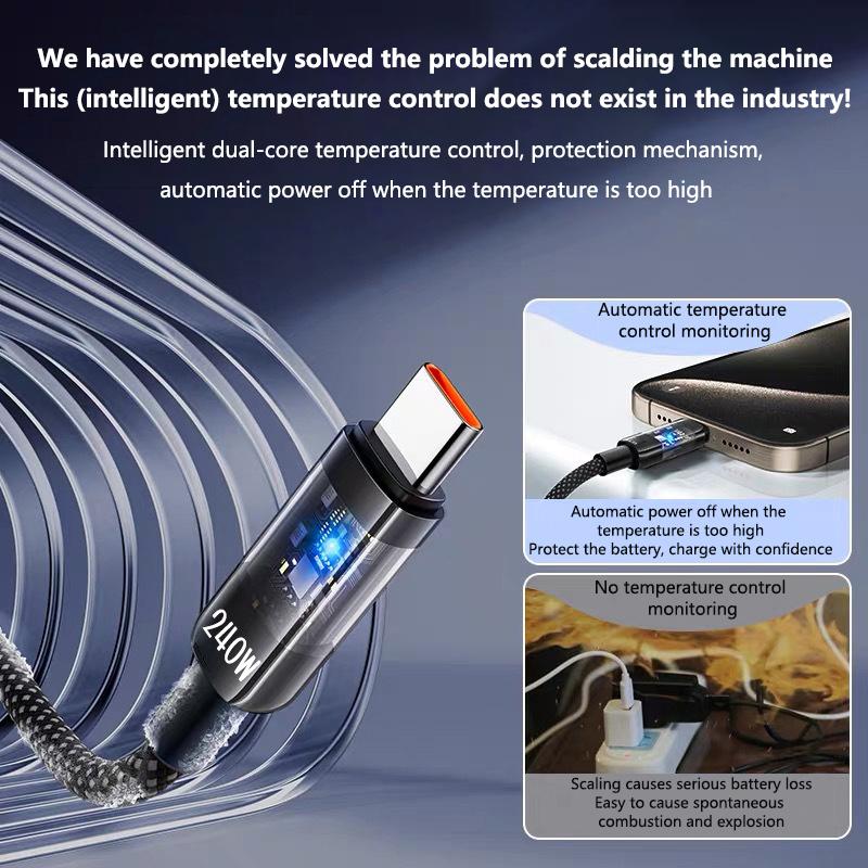 240W Super Fast Charging Cable USB C Interface Nylon Braided Transparent Type C High-speed Charger Wire Fast Charging Data Cord