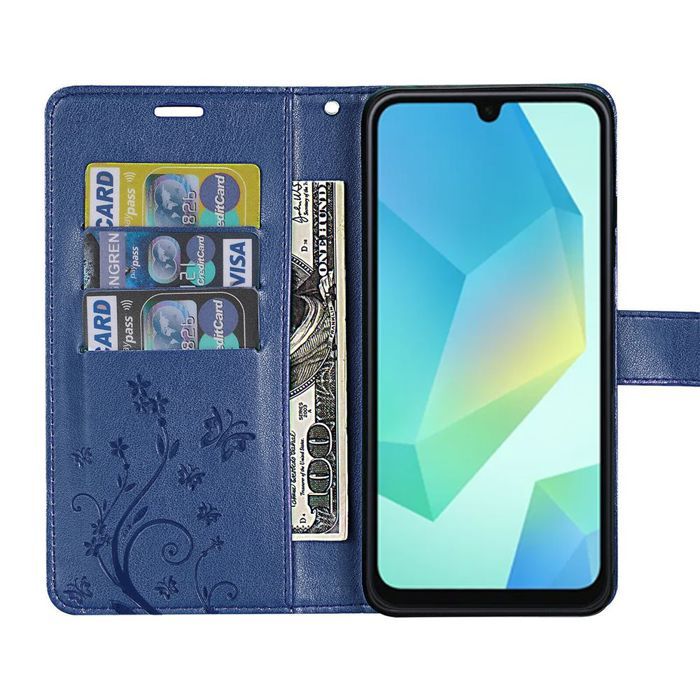 Hülle für Samsung Galaxy A16 5G/4G - BOOLING - Blumen-Schmetterlings-Muster - Dunkelblau - 2 Panzerglas