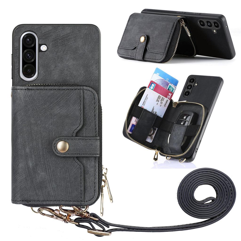 For Samsung Galaxy A56 5G PU Leather Phone Back Cover with Zipper Card Holder and Long Strap