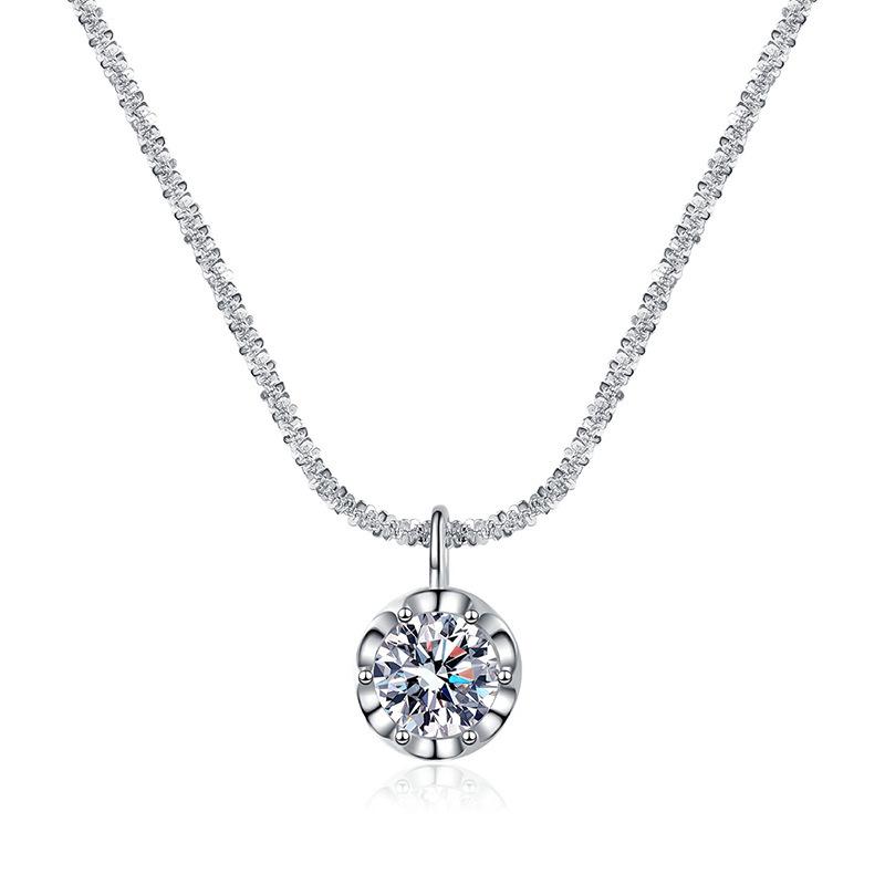 Moissanite Classic Four-Prong Necklace: Simple S925 Sterling Silver Pendant for Women, Japanese & Korean Inspired Light Luxury Style.