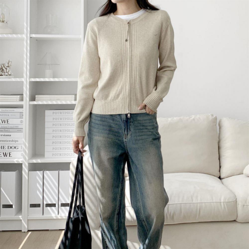 New Arrivals Open Run Women Round Neck Knit 2 Way Zipper Pendant Fall Cardigan