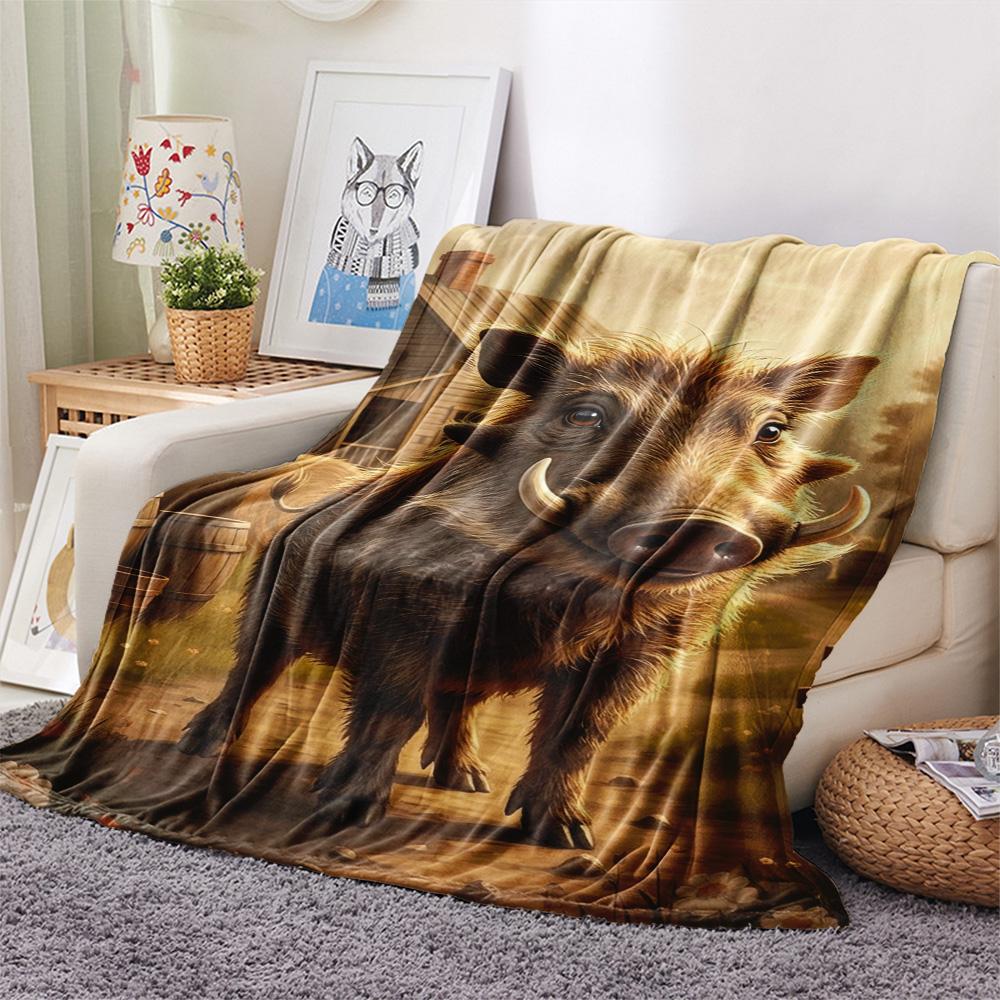 1PC Warthog Print FlAannel Blanket, High quality Comfortable for All Seasons, Home Decor, Warmth and Comfort
