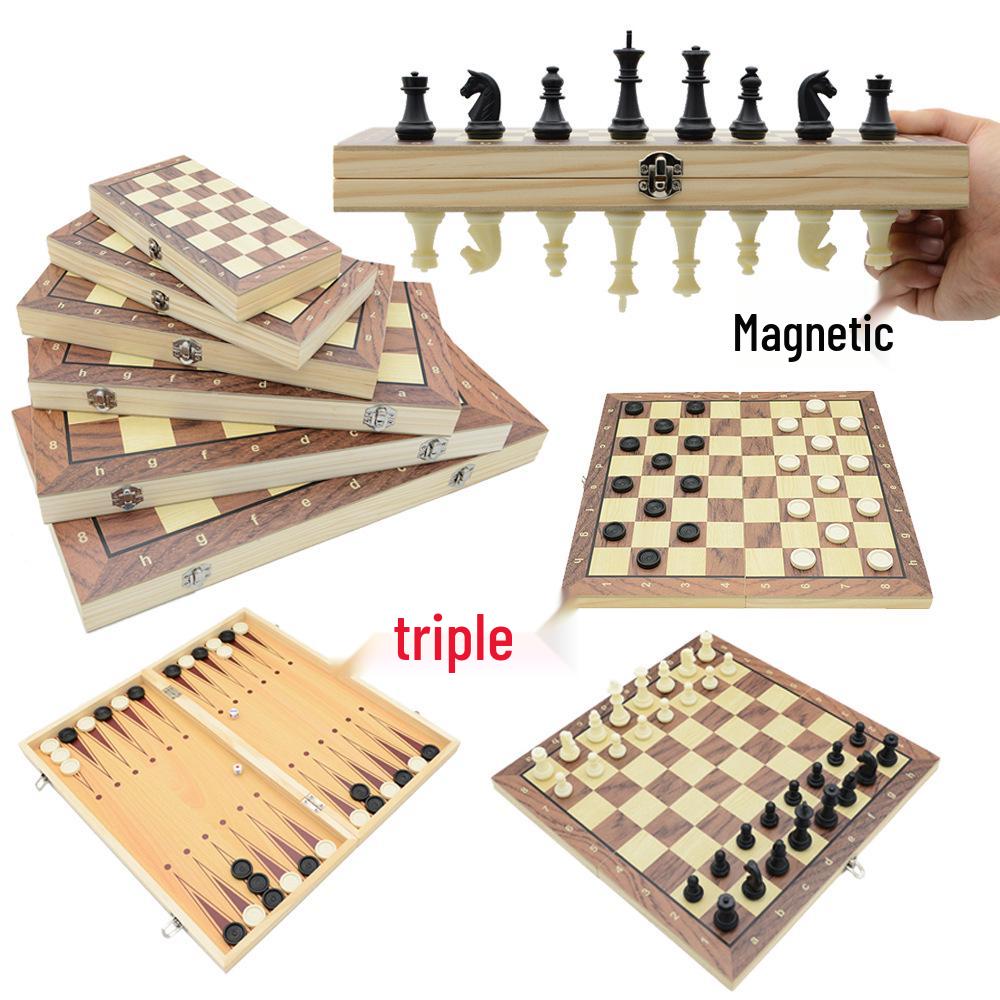 3-in-1 Foldable Wooden Chess, Checkers & Magnetic Game Set