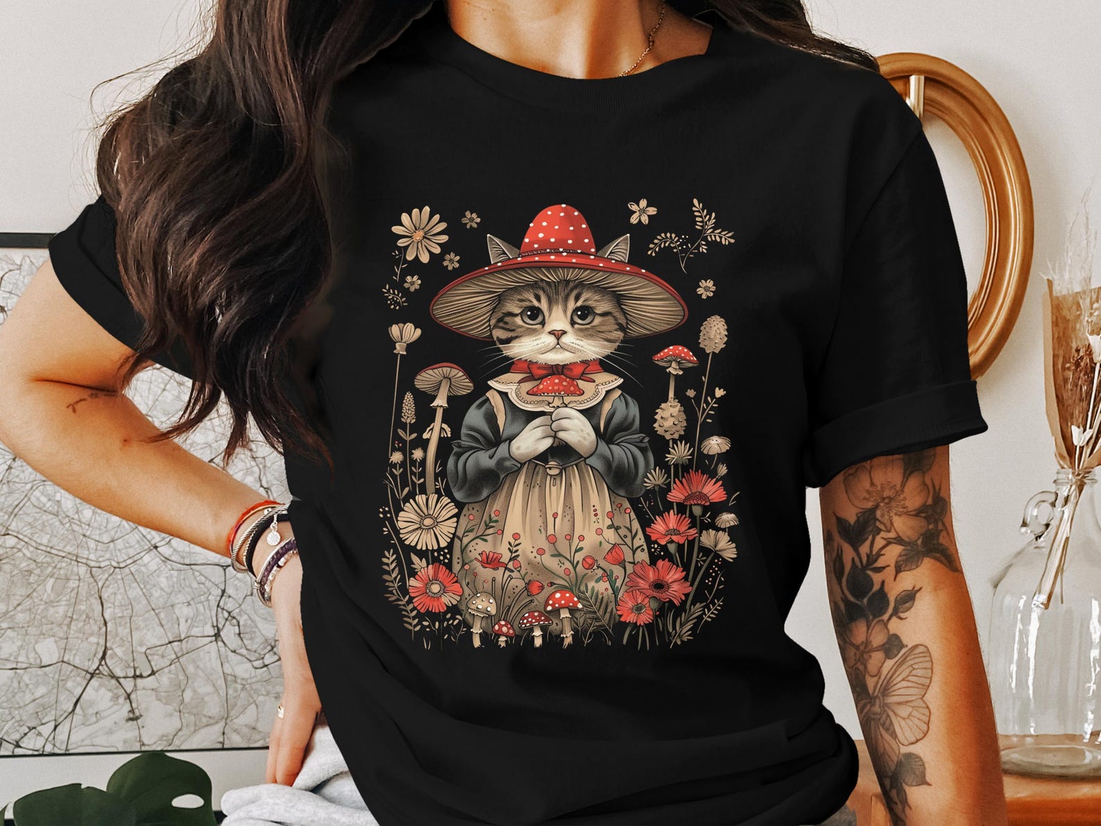 Cottagecore Cat T-Shirt, Whimsical Mushroom Cat Art Tee, Vintage Floral Cat Lover Shirt, Cute Feline in Red Hat Graphic Tee 3XL