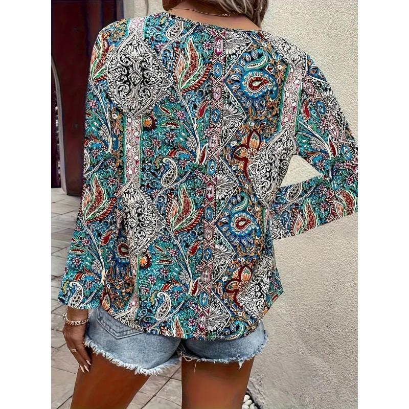 Women V Neck Boho Paisley Print Long Sleeve Blouse Multi Color Ethnic Loose Fit Summer Vacation Casual Top