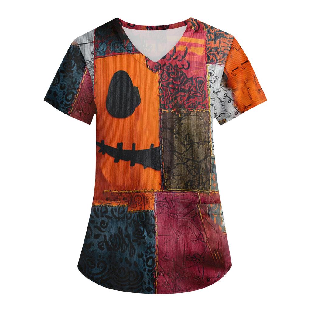 Women's Printing Uniform Work Uniform V-neck Pockets Basic Short Sleeve Pullover Top