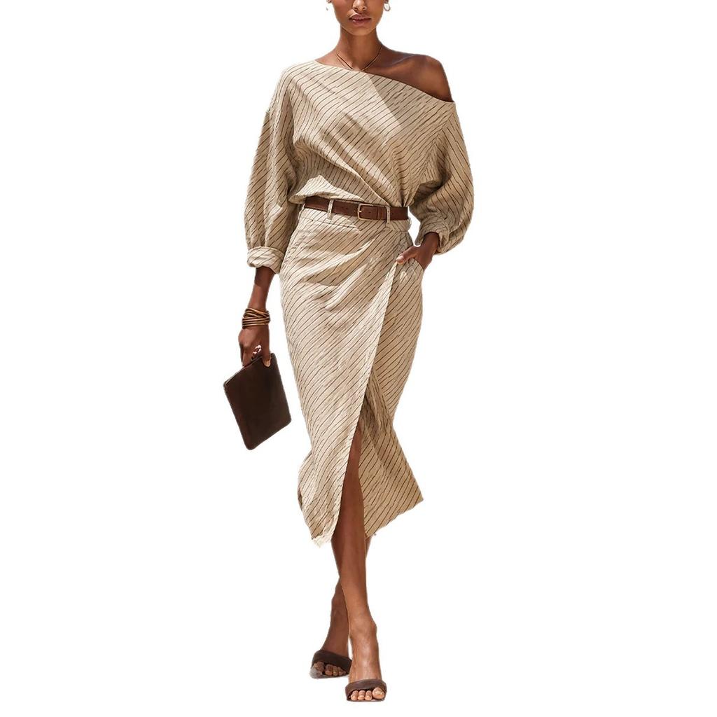 2026 European and American slanted shoulder bat long-sleeved dress high waist retro striped wrap slit vacation medium and long dress