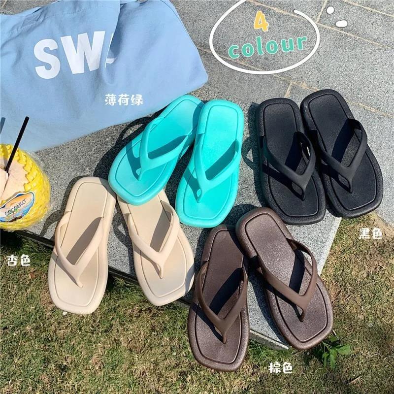 Fashion Fashion Summer Shoes For Women Slippers Square Head Platform Flip Flops Solid Color Beach Shoes Clothing For Women