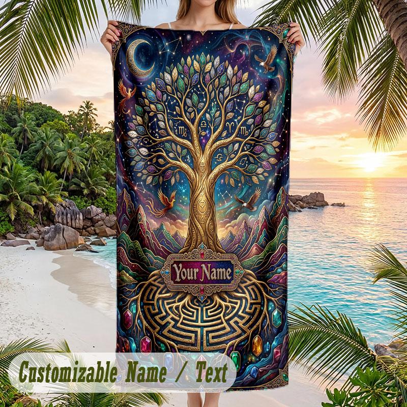 Tree Life Fantasy Artwork Theme Quick Dry Beach Towel Custom Name Text Print Large Sand Resistant Towel Beach Vacation