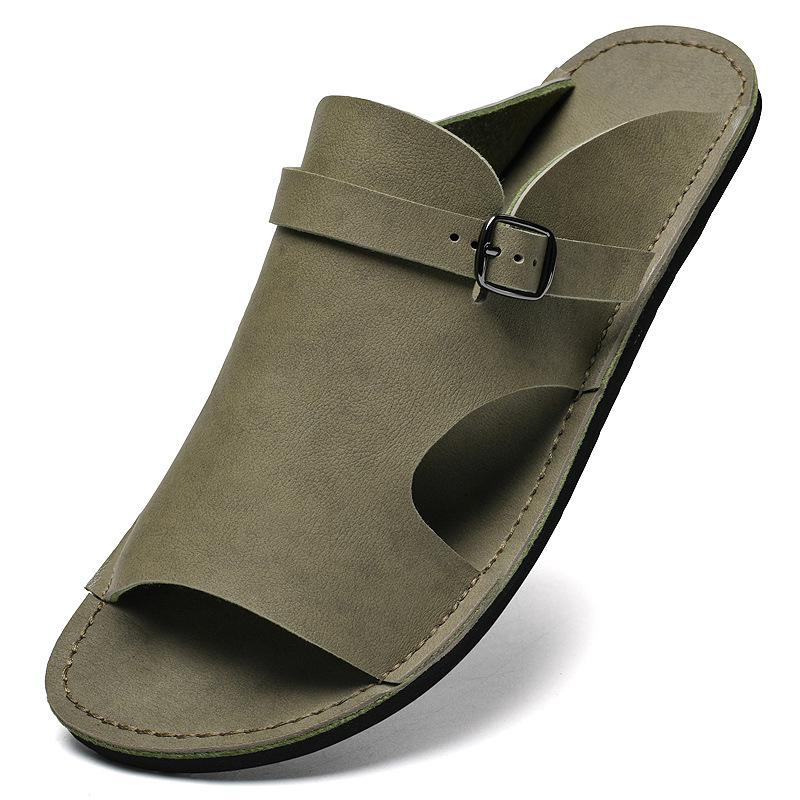Men's Breathable Cowhide Beach Slippers - Soft Sole Roman Sandals, Size 47