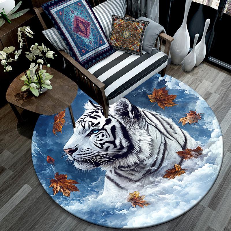 White Tiger with Falling Leaves Round Area Rug,Carpet Rug for Living Room Bedroom Sofa Playroom Decor,Non-slip Floor Mat