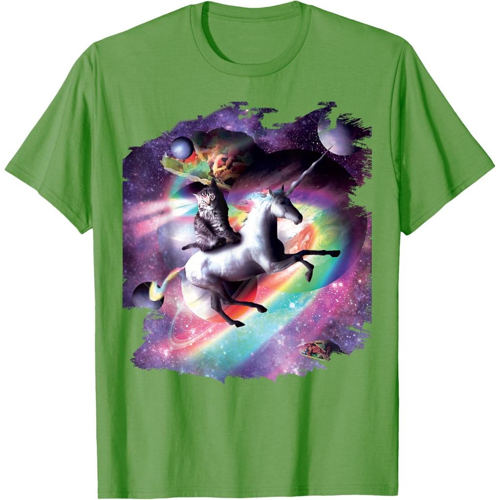 Space Cat Riding Unicorn Graphic Print Mens Cotton Casual Crewneck Tshirt