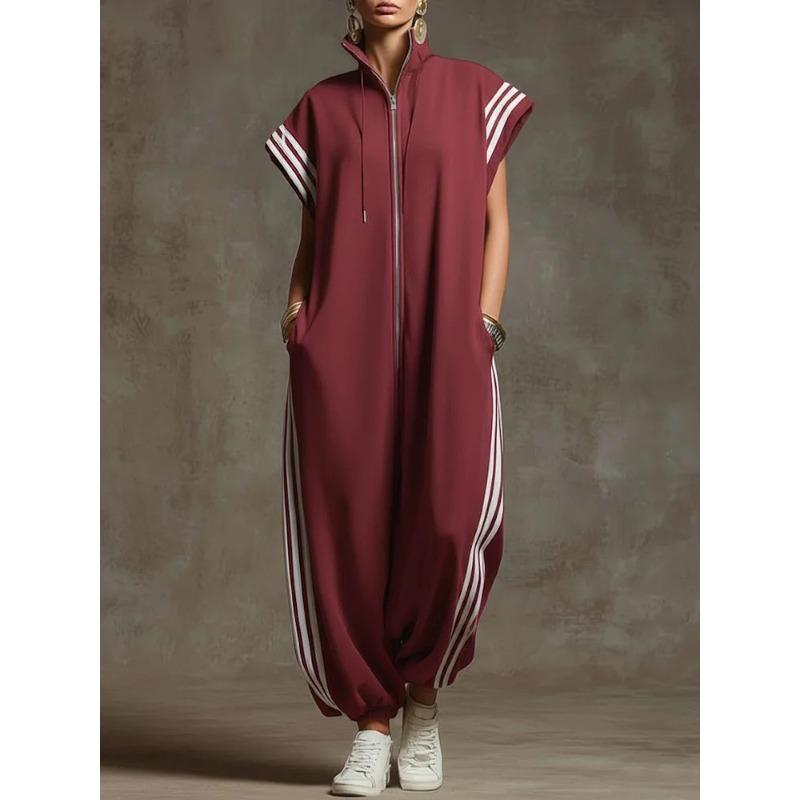 Nouveau Style Fermeture Éclair Col Montant Rayé Coordination de Couleurs Tendance Décontracté Coupe Ample Manches Courtes Pantalon Une Pièce pour Femmes