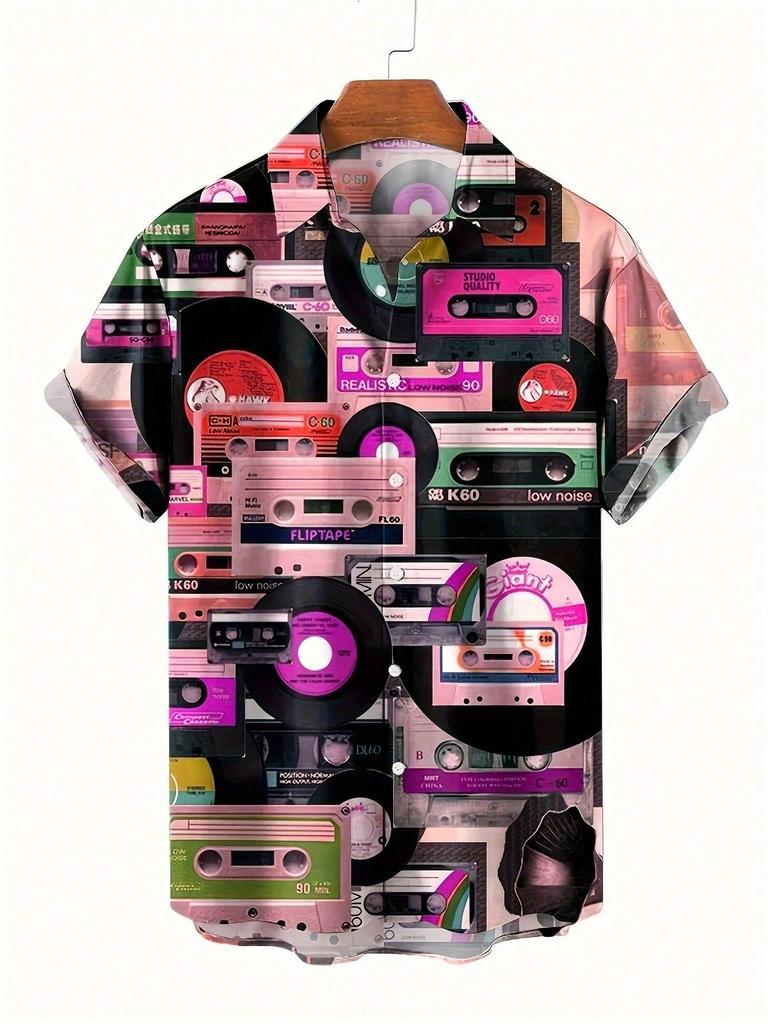 Men's Vintage Cassette Tape & Record Printed Short Sleeve Casual Shirt