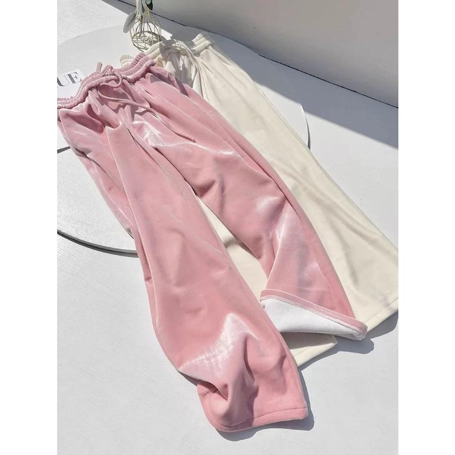 Dicke Fleece-Samt-Hosen mit weitem Bein für Damen, Herbst/Winter, locker, fallend, mit Bindeband, gerade Hosen