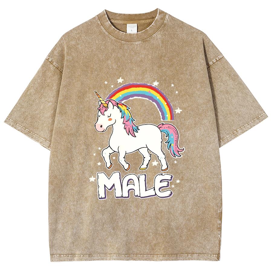 Letnia Koszulka Damska Bawełniana Zmywana Z Nadrukiem Tęczowego Jednorożca Oversize Luźna Krótki Rękaw Urocza Modna Wysokiej Jakości Góra