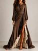 European and American women's clothing, satin collar, long-sleeved wrap skirt, split lotus leaf inner lining, trailing banquet dress long skirt