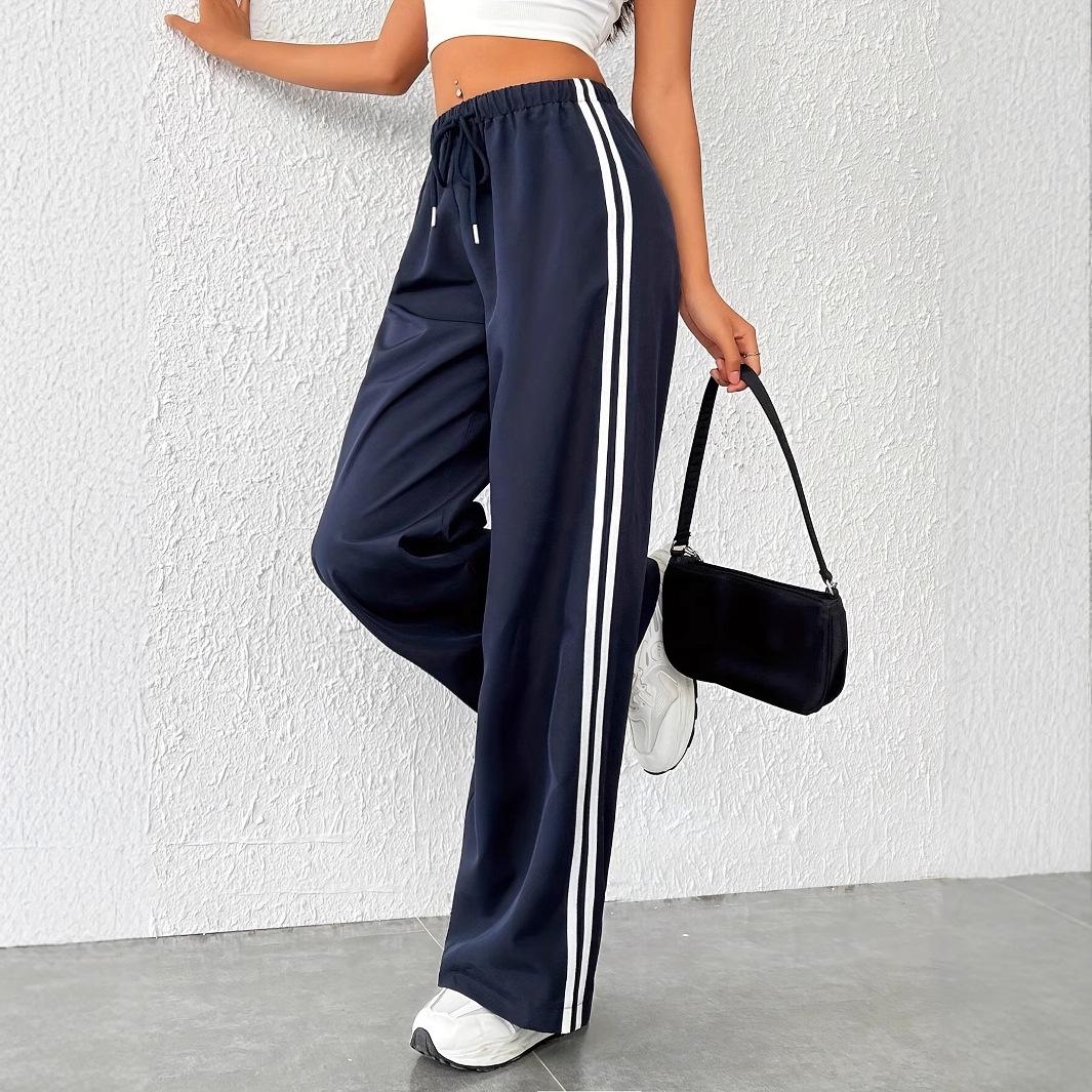 

Весенние женские брюки на резинке с кулиской и боковыми полосками - Повседневная спортивная одежда с высокой посадкой и прямыми штанинами S темно-синий