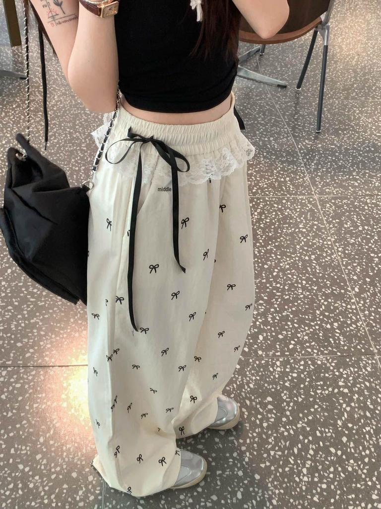 Women's Lace Patchwork Bow Pants – Sweet & Spicy, Summer Casual, Loose Elastic Wide Leg