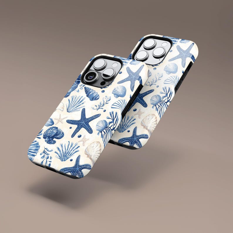 Blue Nautical Coastal Beach Starfish and Seashells Phone Case for IPhone 17 16 15 14 13 12 Pro Samsung Galaxy S25 S24 S23 S22