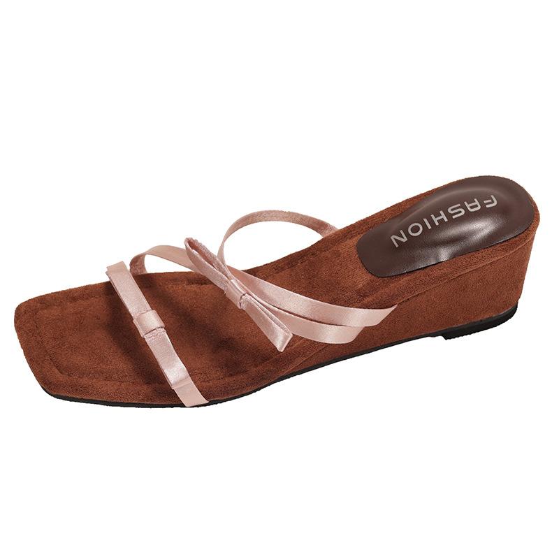 

Light luxury version! French soft leather one-word with slope heel cool slippers women s new summer wear bow high heel sandals 40