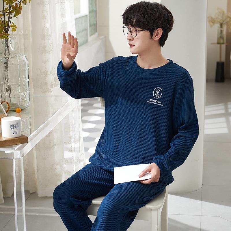 Cotton Nightwear for Men 2 Pieces Set Pajamas Spring Long Sleeves Sleeping Tops Trousers Sleepwear