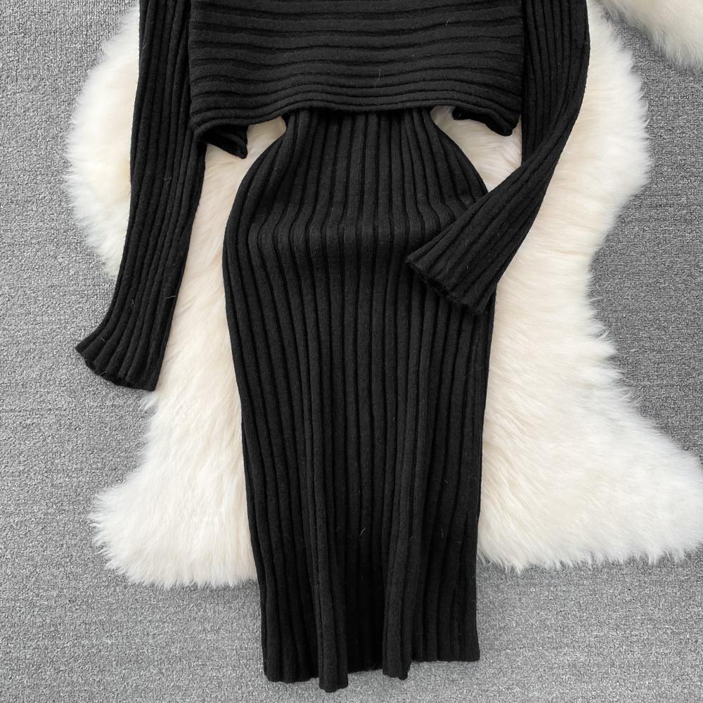 Lazy Style Dlouhý rukáv Kulatý výstřih Volný úpletový top + Dvoudílná souprava vesty s výstřihem do V