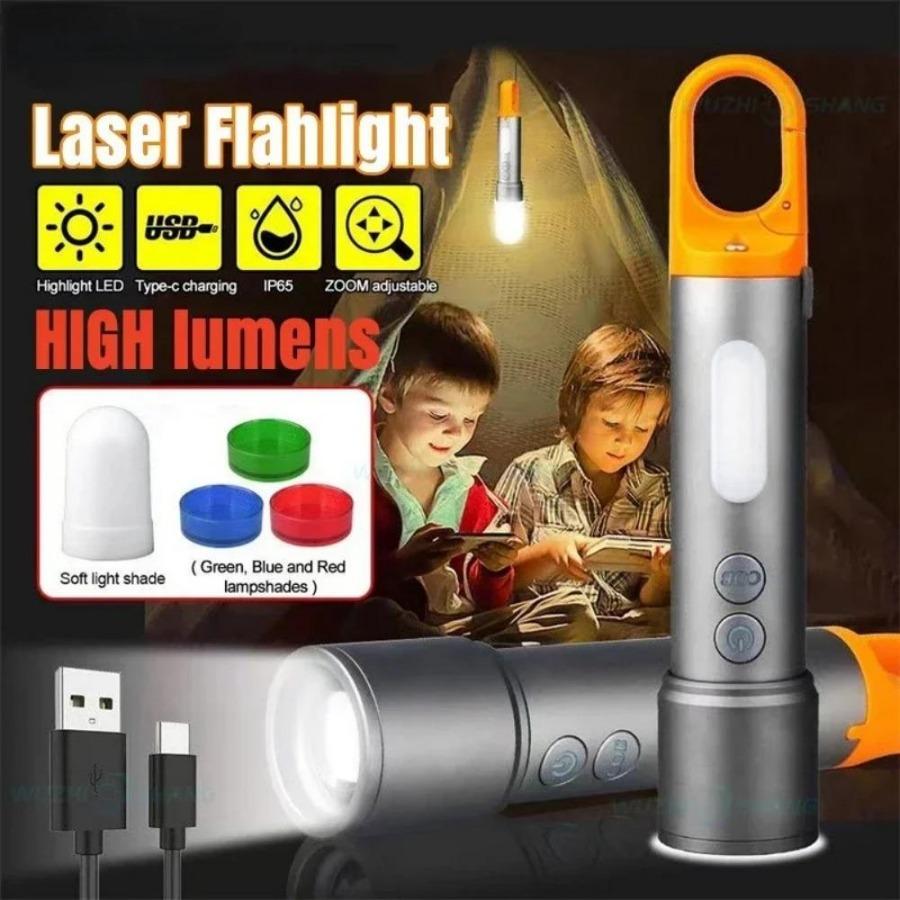 New Multifunctional Flashlight with Side Floodlights Telescopic Zoom Outdoor Portable LED Flashlight Carrying Tail Hook