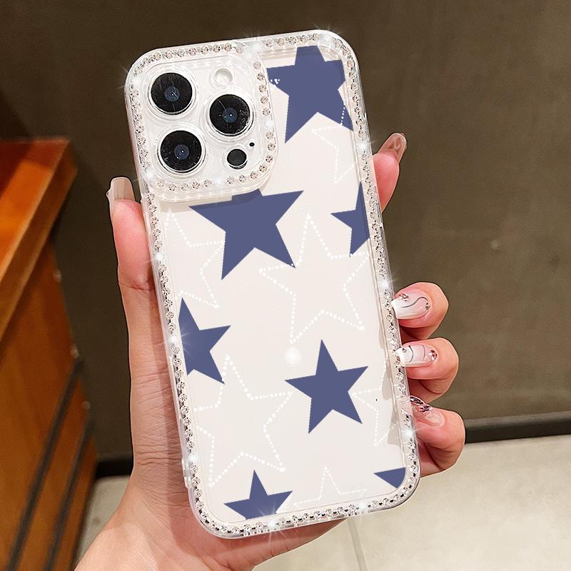 Stars Pattern Diamond Frame Clear Soft Silicone Case For iPhone 16 Pro Max 16E 15 14 Pro 13 12 11 Lens Protection Shockproof Phone Cover